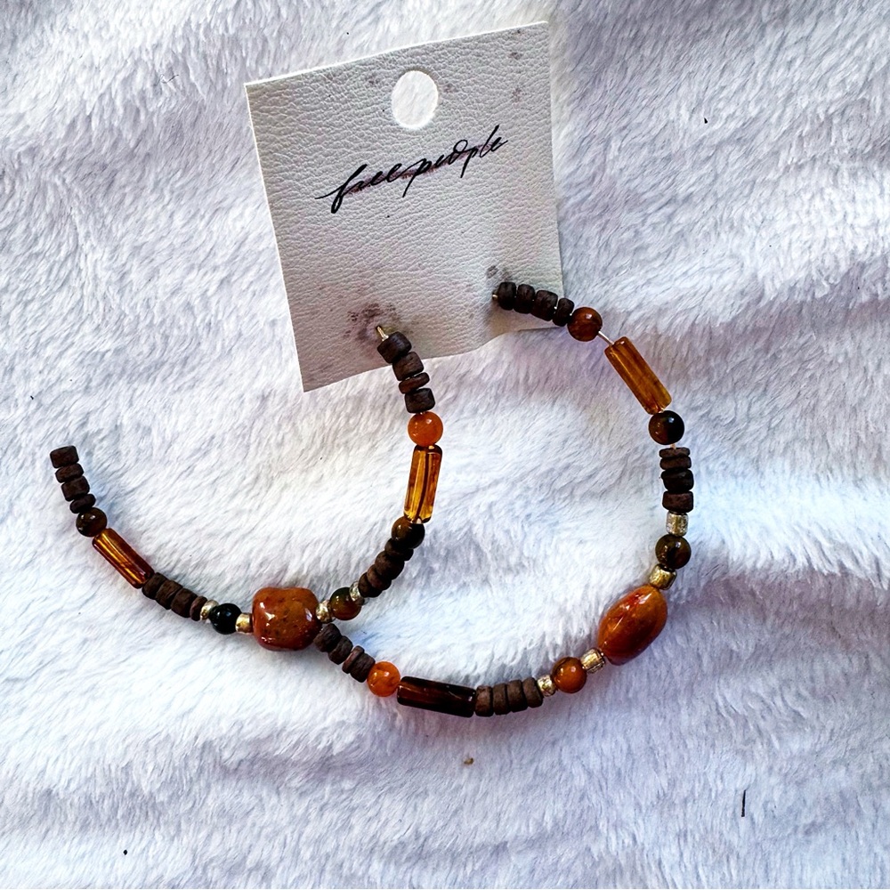 Free People Brown and Orange Beaded Hoop Earrings NWT
